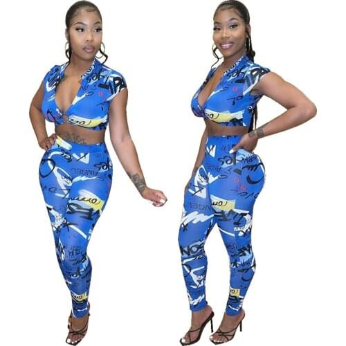 2021 Summer Women Blue O Neck Short Sleeve And Long Pants Print Sheath Crop Sexy bodysuit Club Party Lady Fashion Set
