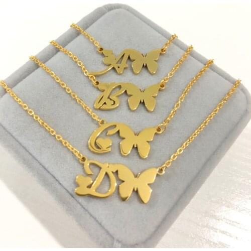 Initial Necklace Women Letter Necklaces For Women Stainless Steel Gold Chains A-Z Letters Butterfly Font Chain Collier