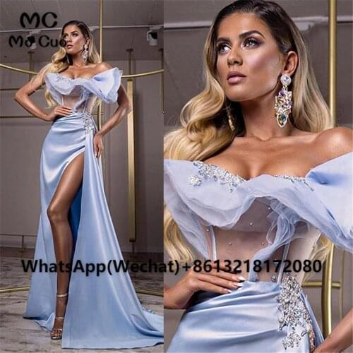2021 Mermaid Off the Shoulder Prom Dresses Long Evening Gown High Slit Beaded Appliques Prom Party Dress for Women