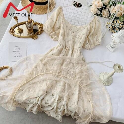Women Vintage Square Collar Long Dress Summer 2020 Casual Puff Sleeve Party Maxi Dresses Ladies Elegant Slim Lace Dress