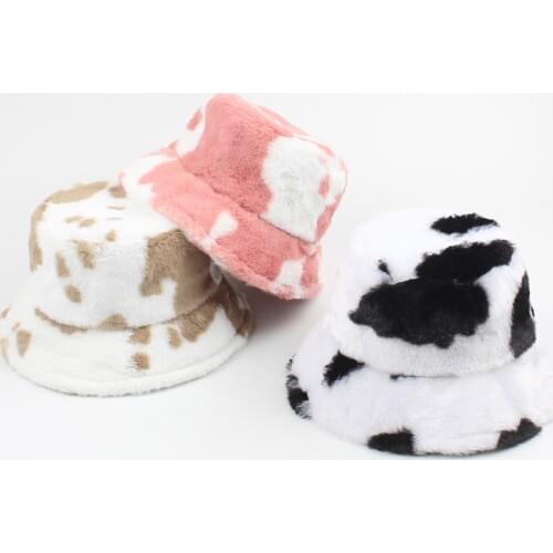 Winter Women Bucket Hat Cow Print Hats Adjustable Warm Plush Fisherman Cap Comfortable Casual Caps