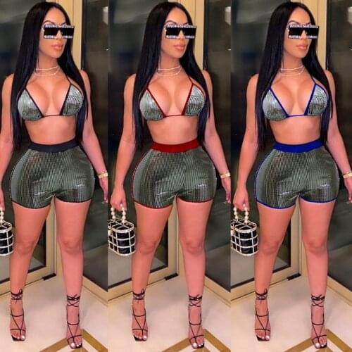 ZKYZWX Sexy Print Two Piece Swimsuit Halter Off Shoulder Crop Top Biker Shorts for Women Summer Clothes Night Club Matching Sets
