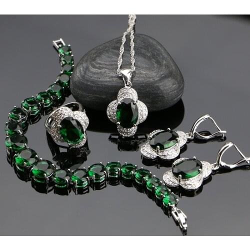 Natural Green Cubic Zirconia White CZ 925 Sterling Silver Jewelry Sets Women Wedding Earrings/Ring/Bracelet/Pendant/Necklace