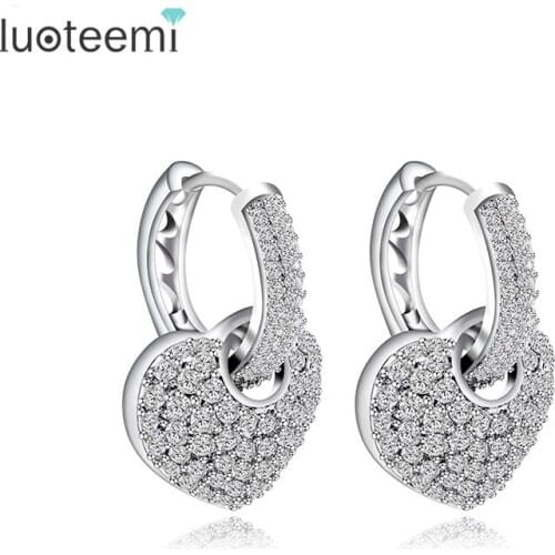 LUOTEEMI New Arrival White Gold-Color Tiny Cubic Zirconia Mirco Paved Heart Shaped Drop Earrings For Women Engagement Gift