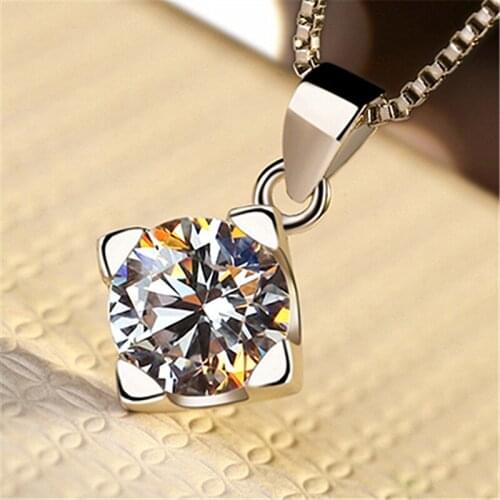 Bright Crystal Square Pendant Necklace Girls Birthday Gift Trendy Silver Plated Lady Clavicle Necklace Chain Jewelry Female Gift