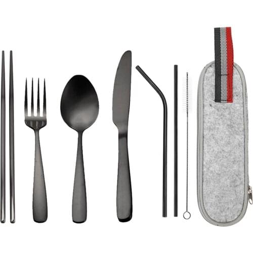 Portable Utensils Cutlery Set Stainless Steel Spoon Chopsticks Cleaning Brush Tableware for Travel Camping Cooking Dinner Set