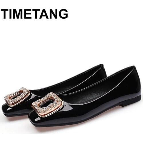 TIMETANG Black Metal Decoration Rhinestone Casual Flat Shoes PU Leather Shallow Non Slip Square Toe Soft Sole Shoes Vintage