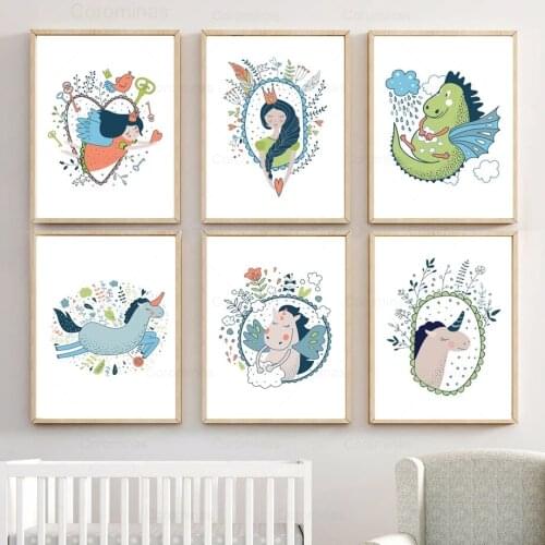 Princess Fairy Unicorn Canvas Painting Love Dream Monster Wall Art Nordic Posters and Prints Pictures for Kids Kawaii Room Decor