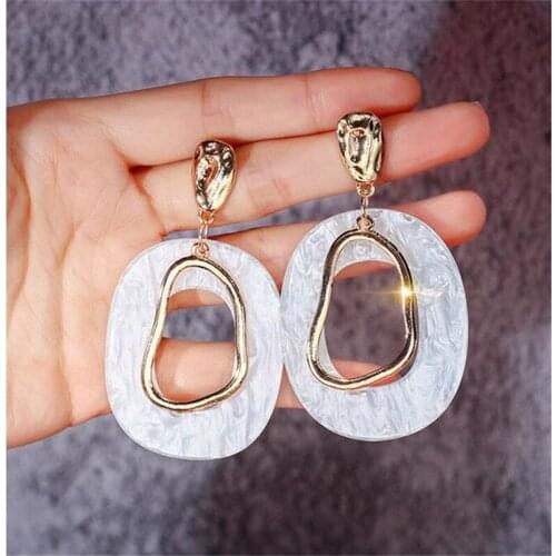 Grey White Green Cream White Grey Big Hollow Oval Loop Glass Acrylic Pendant Charm Women Dangle Earring Daily Jewelry Gift