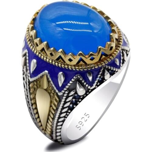 Blue Agate Ring for Men 925 Sterling Silver Natural Stone with Enamel Gorgeous Crown Rings for Men Women Turkish Jewelry Gift