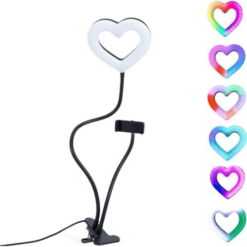 LED Video Light 6inch Fill Light 2 in 1 Desktop Lamp Heart Shaped RGB Lamp with Clip Phone Holder Portable for Smartphone Selfie