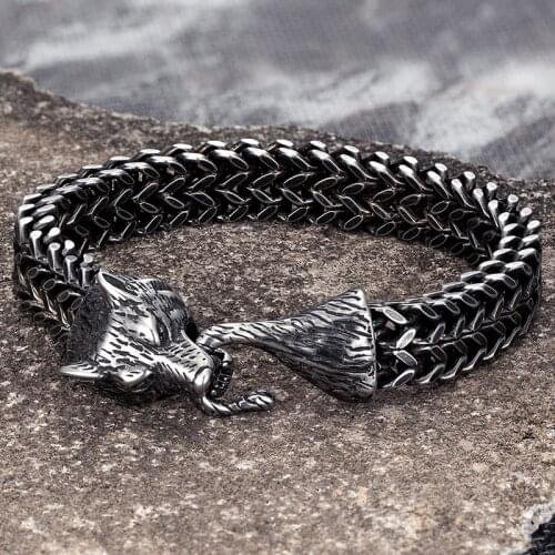 MKENDN Vintage Oxidized Black Punk Rock Viking Wolf Charm Bracelet Mens Stainless Steel Mesh Chain Wolf Bracelets Biker Jewelry