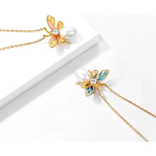 S925 Sterling Silver Bee Cloisonn Pearl Womens Clavicle Chain