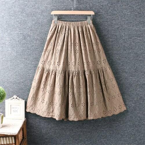 2021 New Spring Women Skirt Japan Style Mori Girl Elastic Waist Hollow out Embroidery Loose Cotton linen Skirts