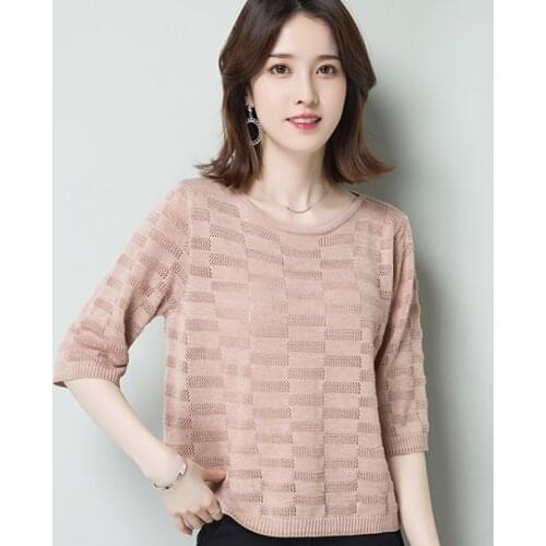 Summer Tops For Women 2020 Solid Color Loose Hollow Out Knitted Round Neck Half Sleeves Plus Size T-Shirts Camel Female S-3XL