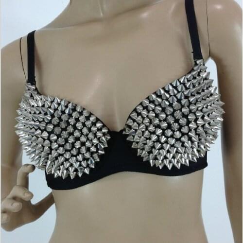 2021 New Sexy Bras Women Party Spike Rivet Metallic Punk Dance Push Up Golden Bra Nightclub Costumes Bras JD Cloth Gold Sostén