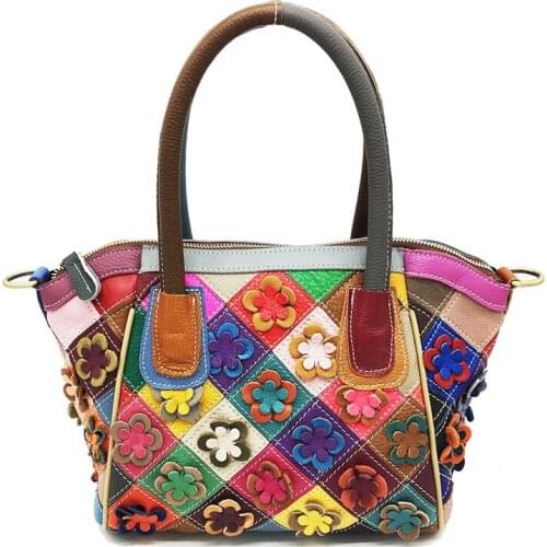 Women genuine leather handbags shoulder bag Casual splice flower handbags female Shoulder Bags ladies tote bag Shopping Bags