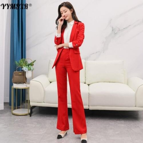 M-5XL Plus Size Suit Womens High-quality Pants Two-piece Suit 2021 Casual Long-sleeved Ladies Blazer High-waist Flared Trousers