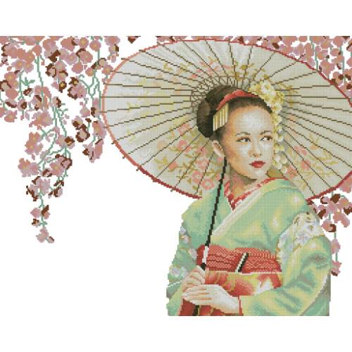 Gold Collection Beautiful Counted Cross Stitch Kit Japanese Geisha with Umbrella and Sakura Flower Flowers lan 34968