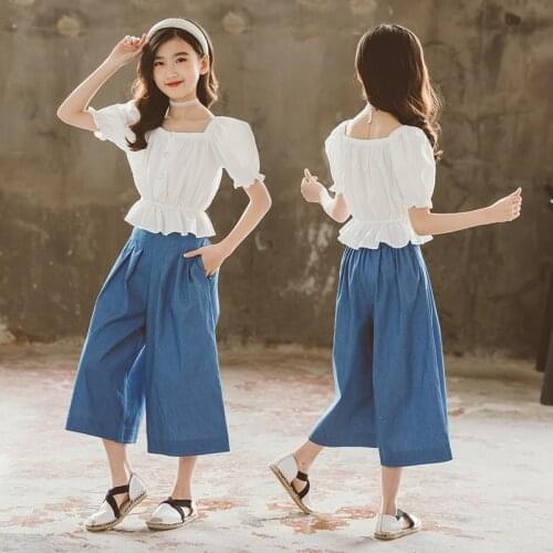 2021 Girls Suit Boutique Kids Clothing Set Teen Girl Summer Ruffle Tops Tees + Wide-Leg Pants 2 Pcs Sets for 6 8 10 12 14 16Y