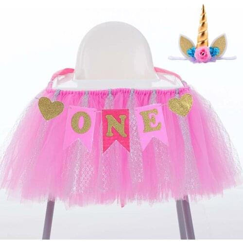Pink blue Highchair Banner Unicorn hat headband for Baby Boy Girl Twins One Year Old 1st First Birthday Decoration photo shoot