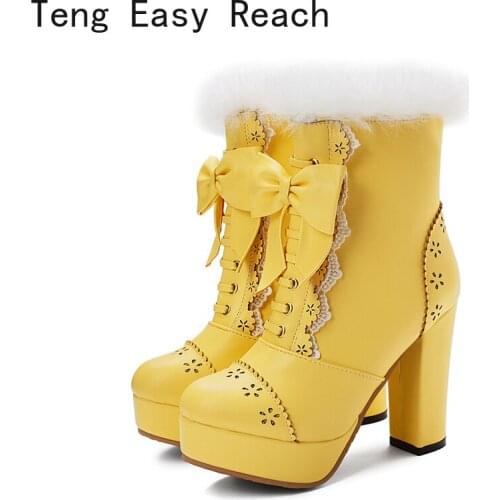 6 colors Platform Ankle Boots Women Zipper Real hair Platform Shoes Woman Lovely Sweet Bow Lolita Shoes Women Boots Plus Size 48