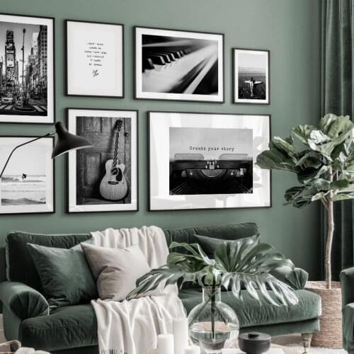Black White Paris Street Surfboard Piano Wall Art Canvas Painting Nordic Posters And Prints Wall Pictures For Living Room Decor