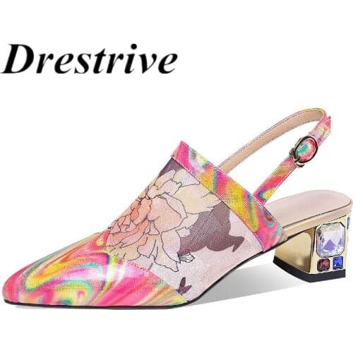 Drestrive Women Pumps 2021 Summer Fashion Shoes Cow Leather Patchwork Crystal Buckle Pointed Toe Mixed Colors Thick Heels
