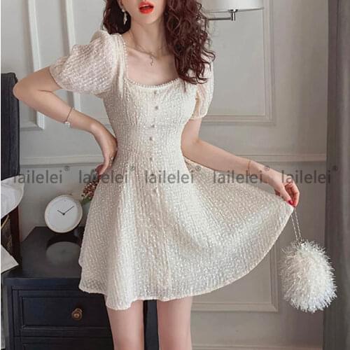 Square Collar Beading Chiffon Dress Mini Puff Sleeve A-Line Dresses For Women Party Vestidos De Verano Elegant Off White Cortos