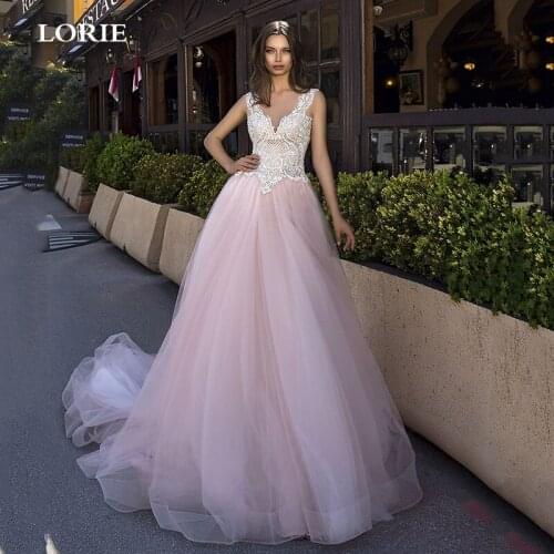 LORIE Pink Beach Wedding dress Sleeveless A line Illusion Back Boho Lace Bridal Gown Long Train Corset Wedding Gowns Plus Size