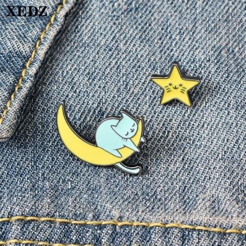 XEDZ cute star lazy cat moon metal enamel pin lively smiling custom fun badge clothes bag lapel button pin jewelry gift for kids