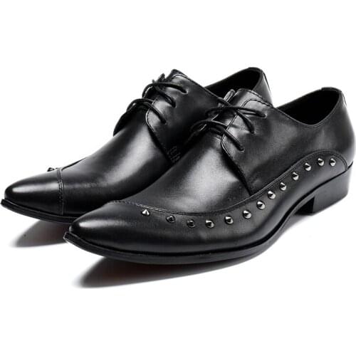 Zapatos Para Hombre Black Men Studded Italian Shoes For Men Genuine Leather Pointed Toe Lace Up Shoes Wedding Business Shoes