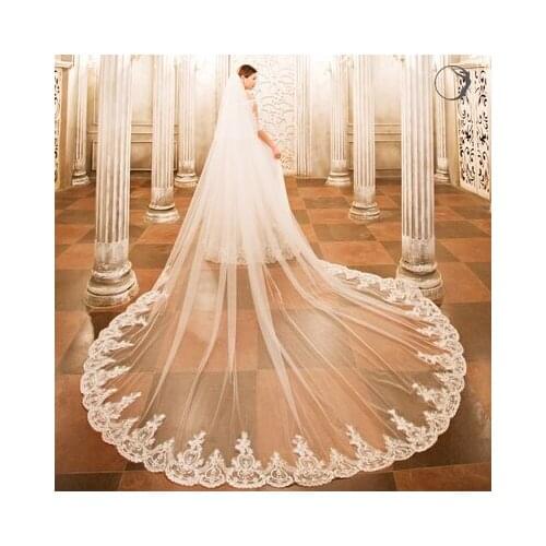 Real Photo 3m One Layer Wedding Veil With Comb White Lace Edge Bridal Veils Ivory Appliqued Cathedral Wedding Veil