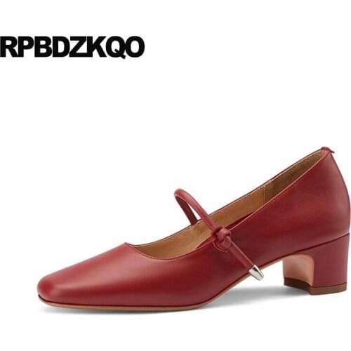 Genuine Leather Wine Red Size 33 Strap Fashion Square Toe Mary Janes Women Shoes Pumps Chunky Block 2021 High Heels Ladies Cool