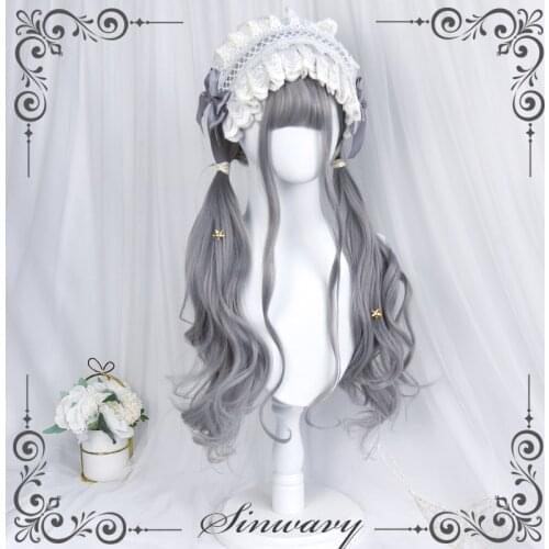 Gray Lolita Wig Harajuku Princess Wavy Curly 65cm Long Synthetic Hair Gray Bangs Sweet Girls Youtuber Daily Wear