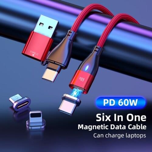 PD 60W Magnetic USB Cable 6 in 1 Type C to C Cable PD 60W Fast Charge USB Cord For iPhone Samsung Galaxy S20 For Xiaomi Macbook
