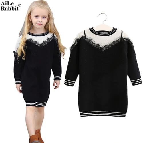 AiLe Rabbit Girls Sweater Dress Lace False Harness Black White Stitching Classic Fashion Long Sleeves Brand Kids Clothes k1
