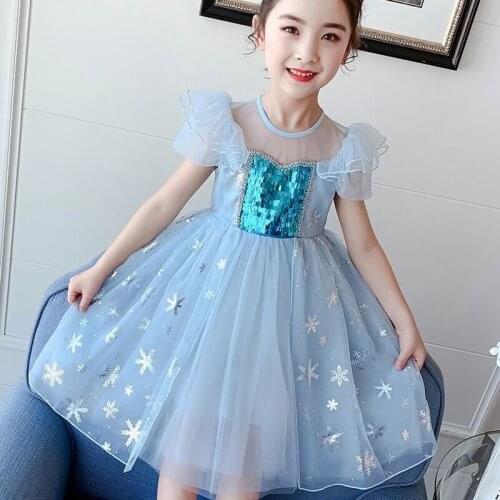 Girls Dresses Fashion Frozen Aisha Sequin Princess Dress Patchwork Short Sleeve Dress Baby Kids Clothes