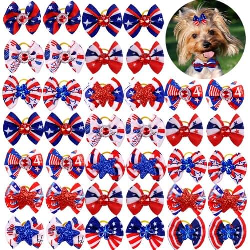 50pcs Dog Bows Independence Day Dog Accessories Pet Supplies Hand-made Rubber Bands Pet Hair Bows Diamond Pet products