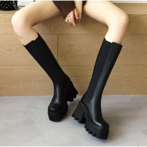 LAIGZEM SUPER Women Knee High Boots Wide Calf Friendly Back Zip Thick Heels Boots Bota Feminina Shoes Woman Big Size 39 40 42 44