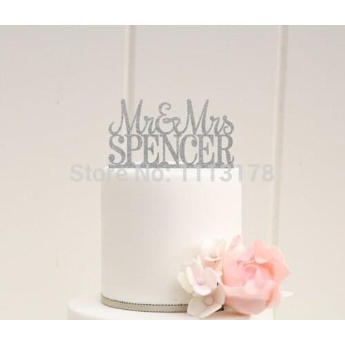 Silver Glitter Wedding Cake Topper Mr and Mrs decor Design custom Last Name Birthday bridal baby shower cake toppers