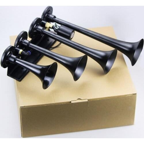 Black 12V / 24V super loud 4 Trumpet Air Horn Universal 150dB Truck horn for trucks, yachts, etc.Multi-tone & Claxon Horns