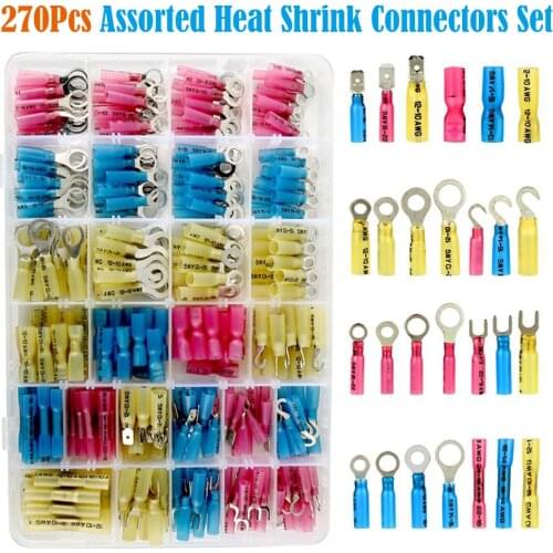 270Pcs Insulated Spade Heatshrink Terminal Wire Crimp Connector Butt Ring Splice Electrical