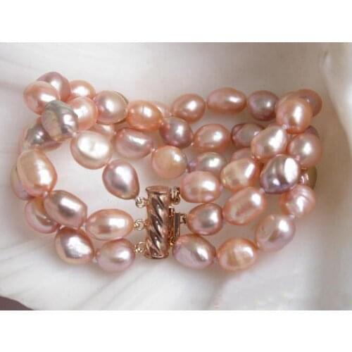 Unique Pearls jewellery Store 3row 8'' 12mm Pink Lavender Baroque Freshwter Cultured Pearl Bracelet Charming Women Gift Jewelry