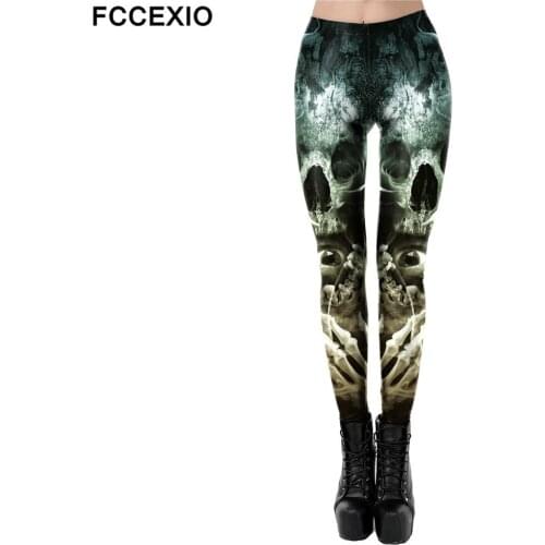 FCCEXIO Vintage Skull Graffiti for Halloween Tight Leggings Sports Women Fitness Sexy Skinny Leggins Women Cosplay Party Pants