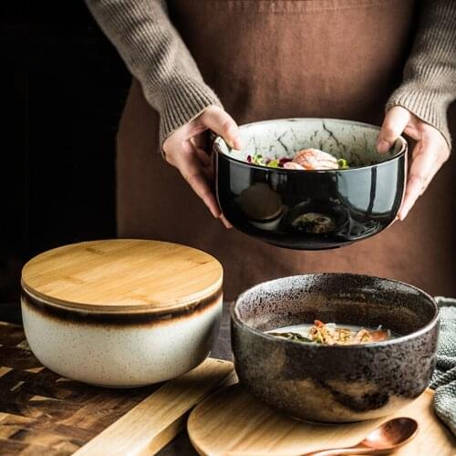 Japanese Student Instant Noodle Bowl Household Large Ceramic Ramen Bowl with Lid and Chopsticks Dormitory Retro Tableware