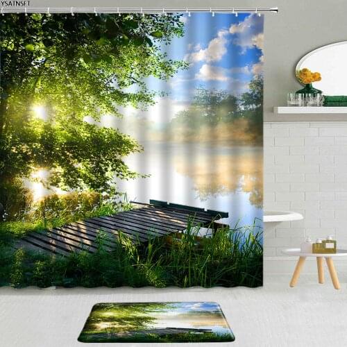 2Pcs Green Plants Landscape Shower Curtain Wooden Bridge Forest River Fabric Bathroom Non-Slip Mat Bath Curtains Set Home Decor