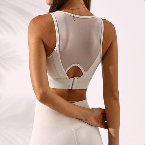 Women Fitness Bras Sports Hollow Out Sexy Back Net Yarn Patchwork Shockproof Gathering Push Up Yoga Bras Vest Running GYM Tops