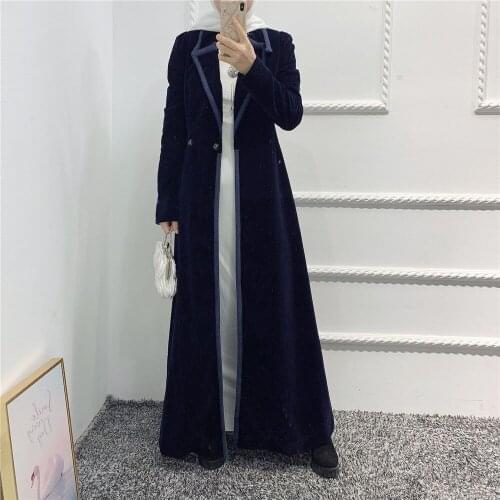 Spring Autumn Women Lapel Long Trench Coat Knitted Cardigan Muslim Fashion Abaya Turkey Jacket Overcoat Outwear Islamic Clothing