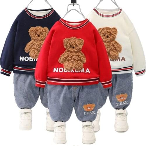 2021 Autumn Baby Girls Clothing Set Toddler Cartoon Big Bear Blouse + Jeans 2 Pcs Home Wear Children Christmas Birthday Present